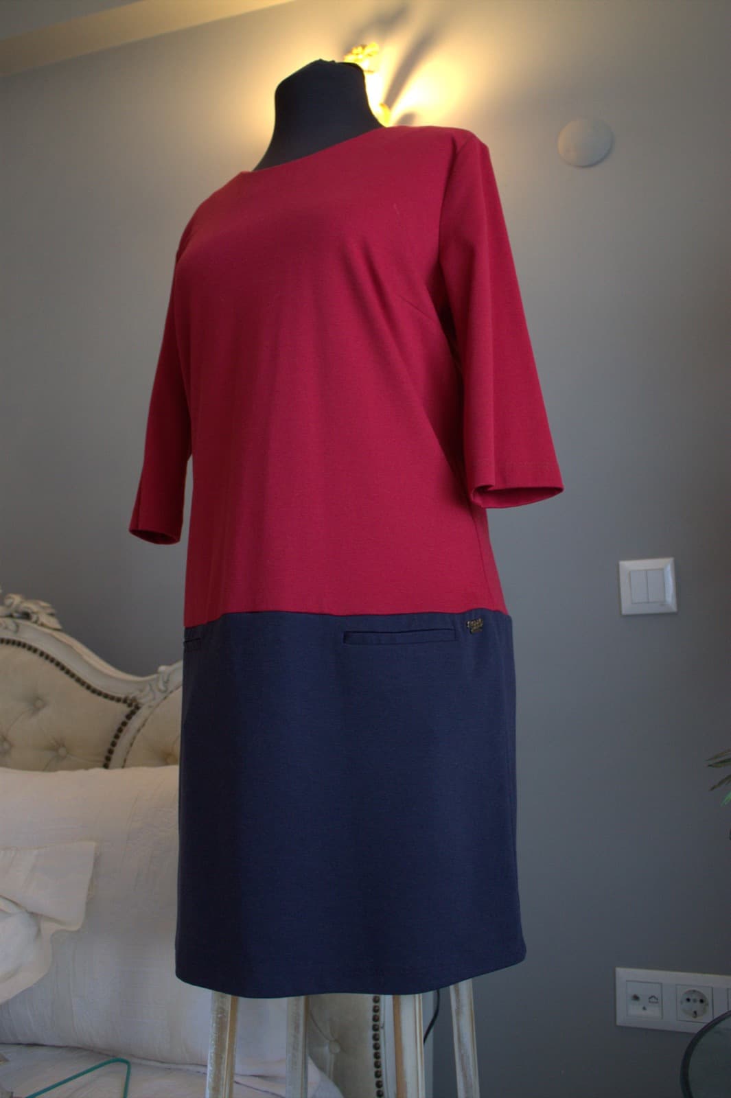 Kırmızı kayık yaka truvakar kollu vintage bluz