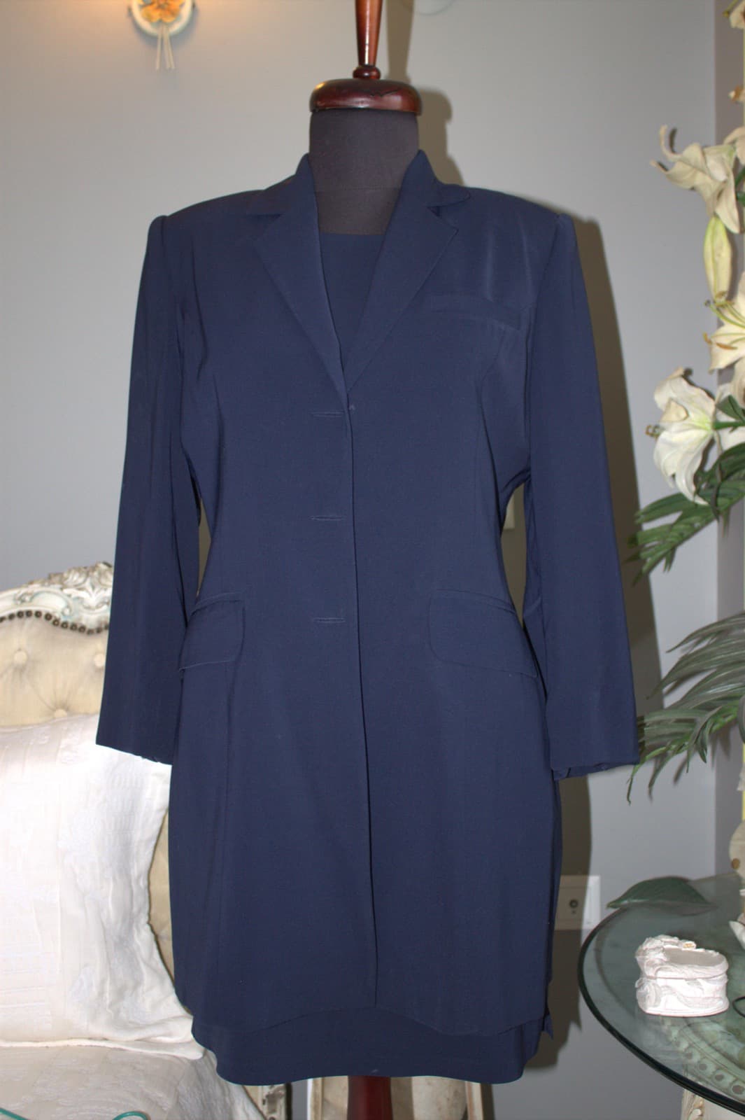 Lacivert uzun kollu blazer kesim vintage elbise