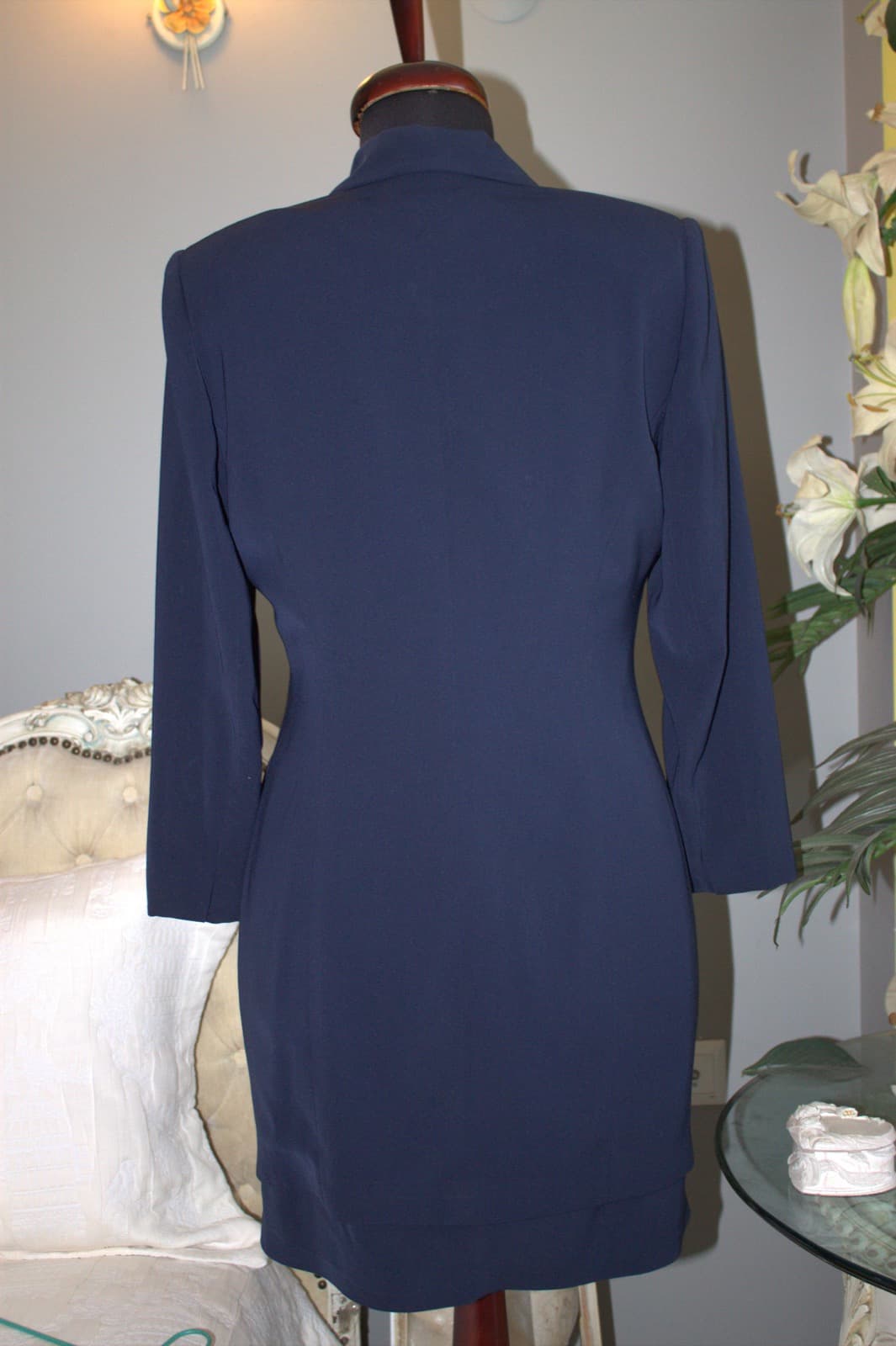 Lacivert uzun kollu blazer kesim vintage elbise