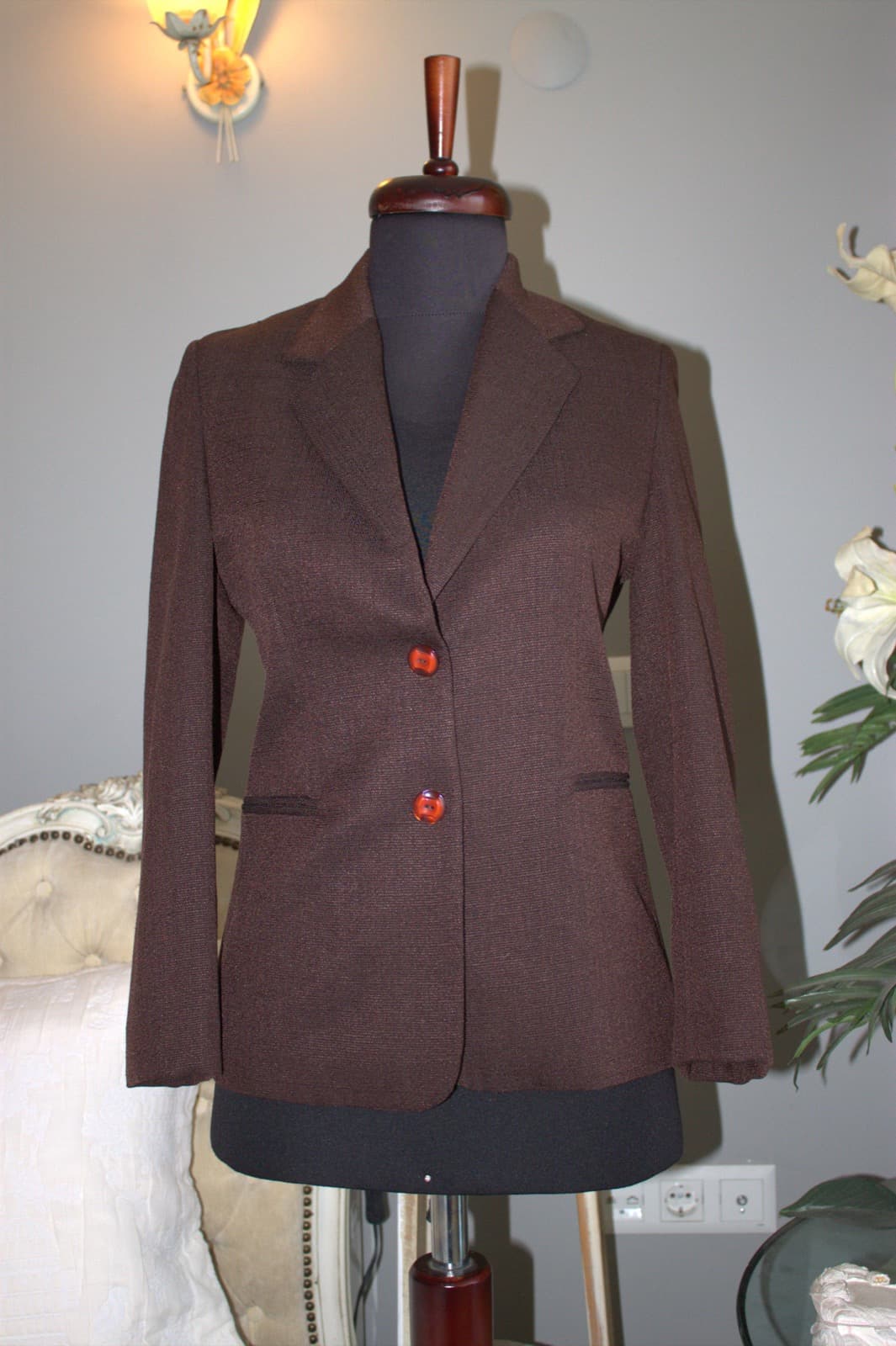 Kahverengi turuncu düğmeli dar kesim vintage blazer